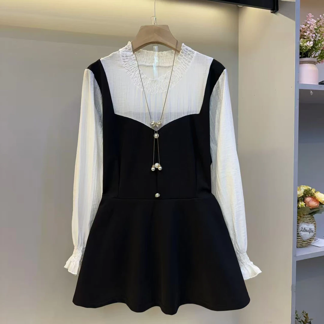 春季荷叶边方领吸汗长袖宽松型大码衬衫2025圆领木耳