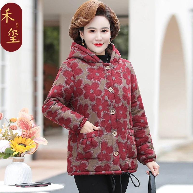 妈妈冬装棉衣60岁70岁中老年大码加绒加厚外套女老太太连帽花棉袄