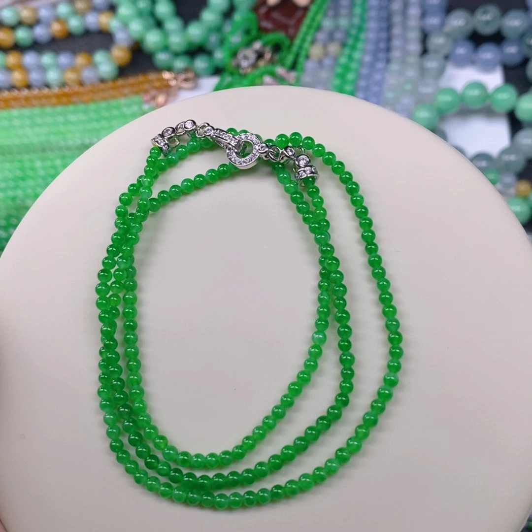 颈饰未镶嵌翡翠缅甸天然翡翠冰种浓正阳绿小米珠项链2.8