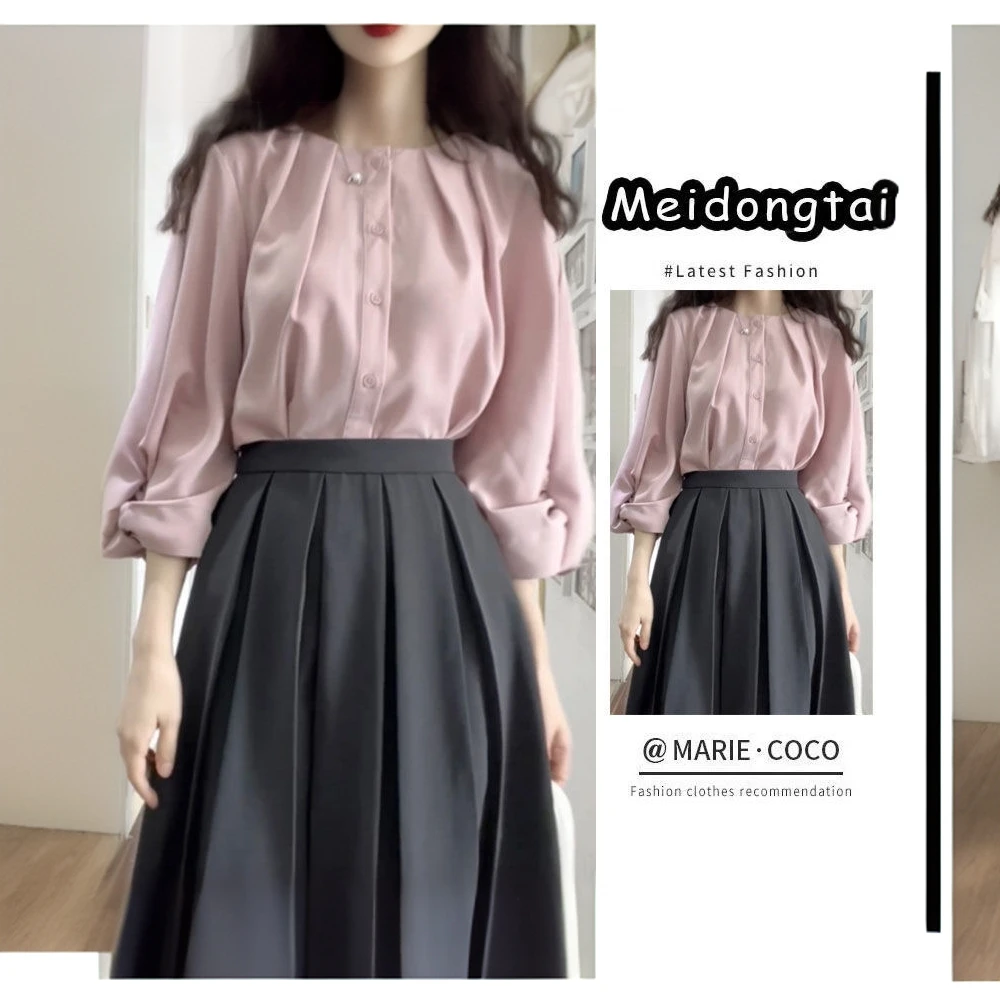 轻熟风休闲风法式时尚套装长裙气质衬衫百褶裙长款