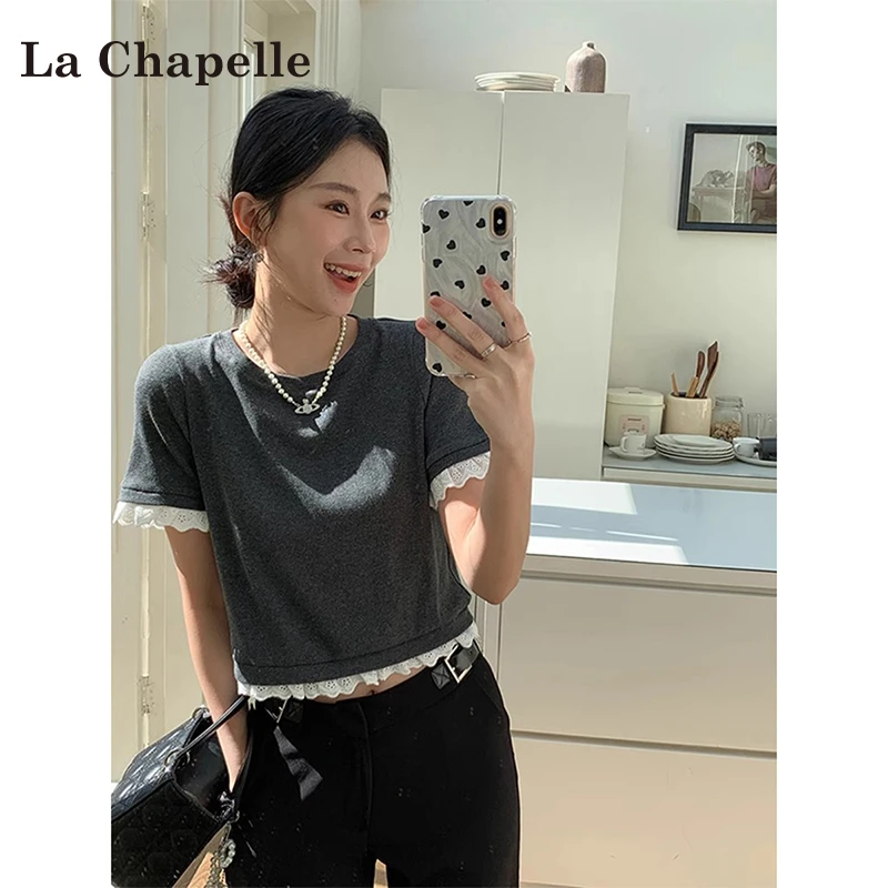La Chapelle/拉夏贝尔蕾丝拼接撞色圆领T恤女显瘦小清新短款上衣