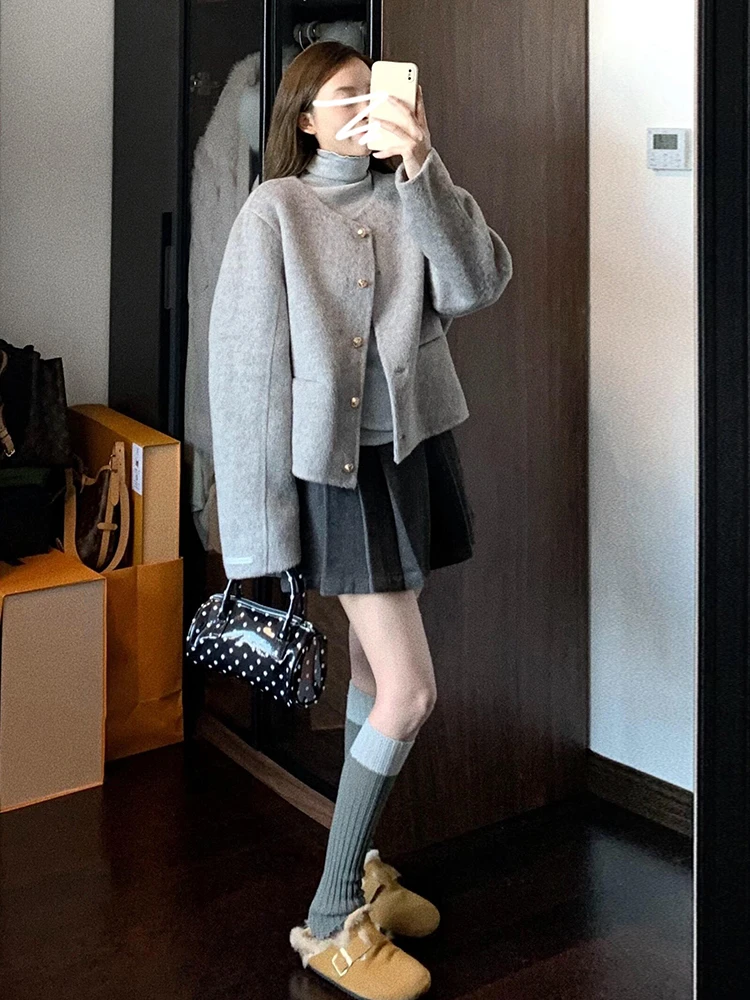 2025新款小个子香风灰色毛呢外套女秋冬季韩系高级感短款呢子大衣