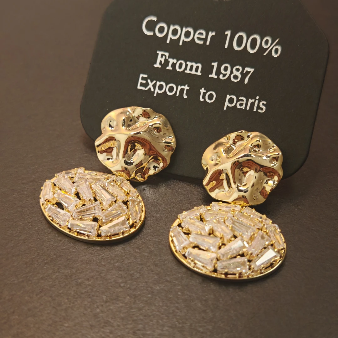 铜合金锆石耳饰 S&L76椭圆锆石耳坠复古欧美法式气质手工金色优雅