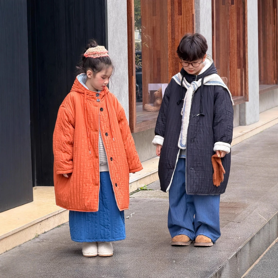 【田澈TianChe】2025冬季韩版男女儿童中长款绗线加厚双面穿外套