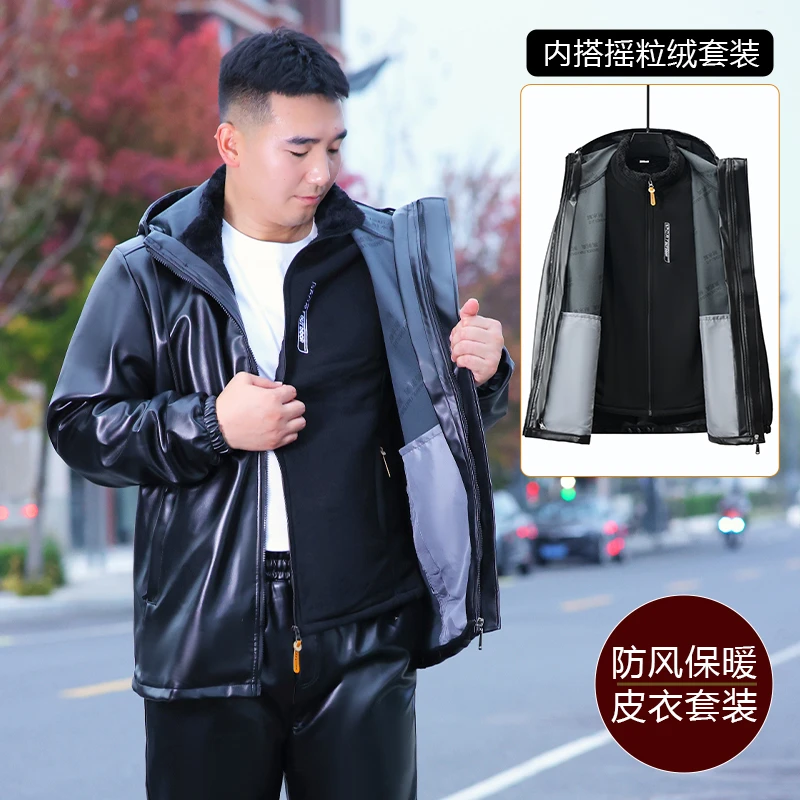 WNM冬季加绒加厚PU皮衣可防风防水代驾外卖骑行户外保暖工作服