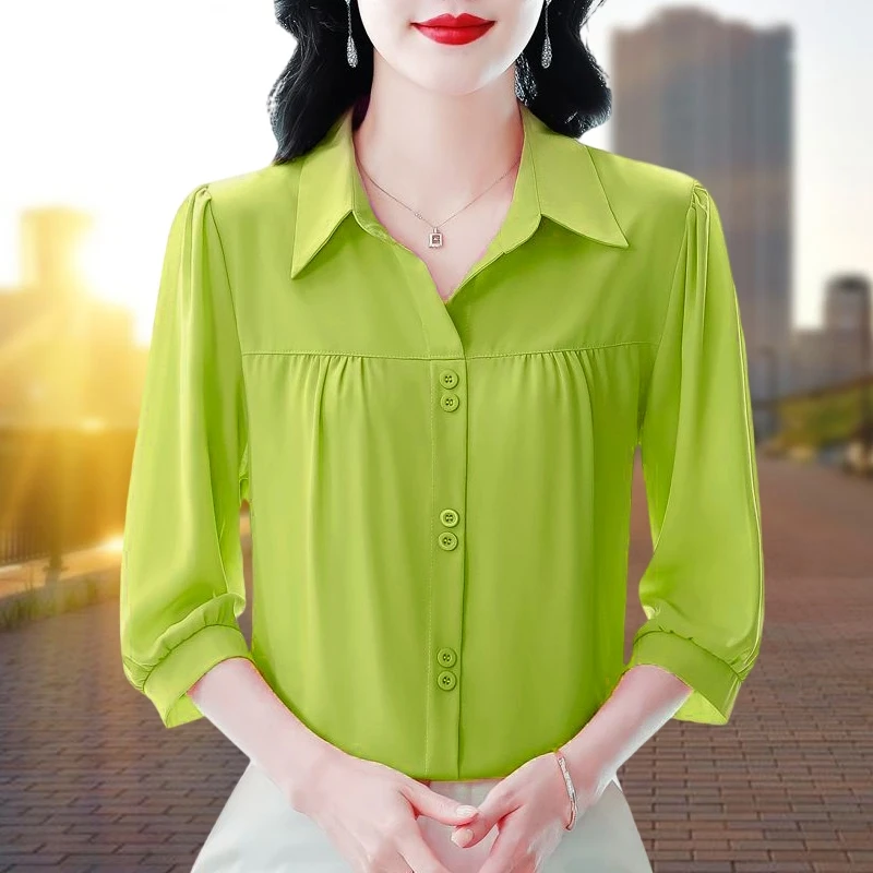 夏季薄款七分袖纯色设计感雪纺上衣洋气显瘦百搭气质时尚小衫女士