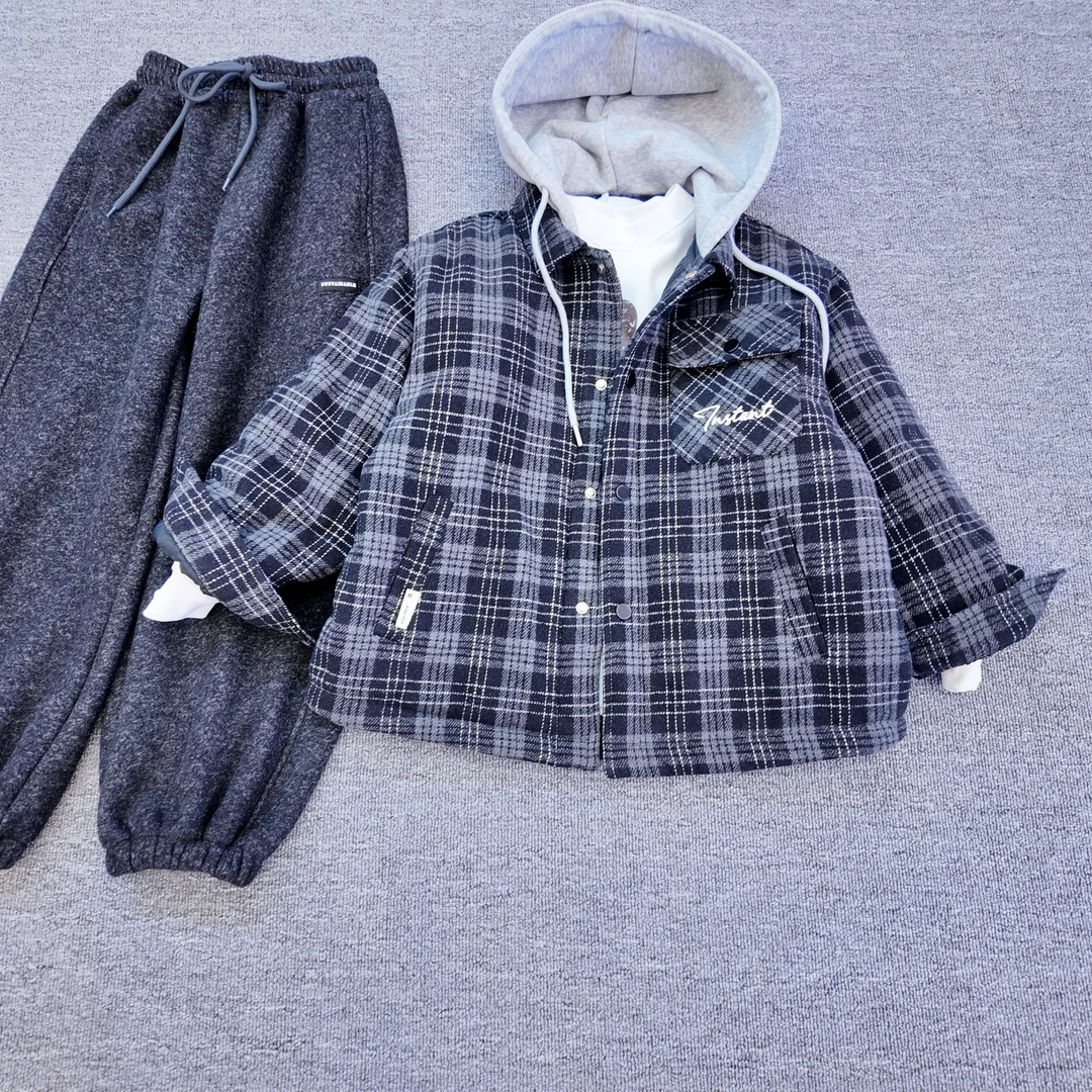 【小哥童装】冬季男童棉服加厚款翻领连帽格子外套潮流中大童61242