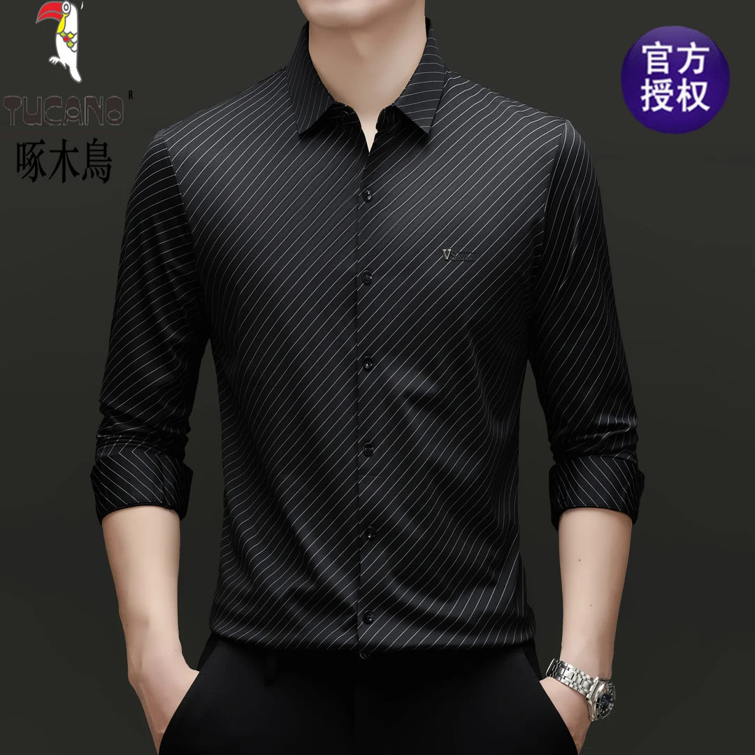 啄木鸟春秋薄款条纹衬衫中年商务男士上衣高弹力抗皱修身时尚薄款