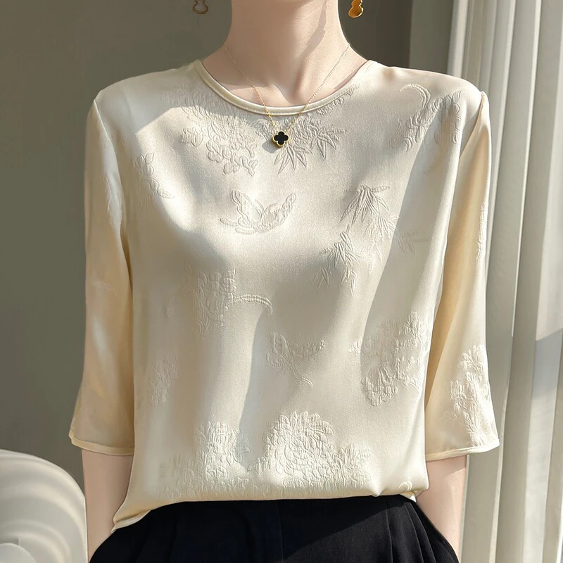 三醋酸七分袖恤女圆领套头国风缎面中袖衬衫新打底衣服背心内搭
