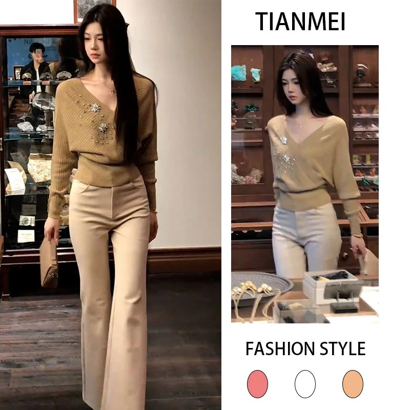 时髦少女感的冬日套装时尚修身显瘦V领长袖上衣女搭休闲裤两件套