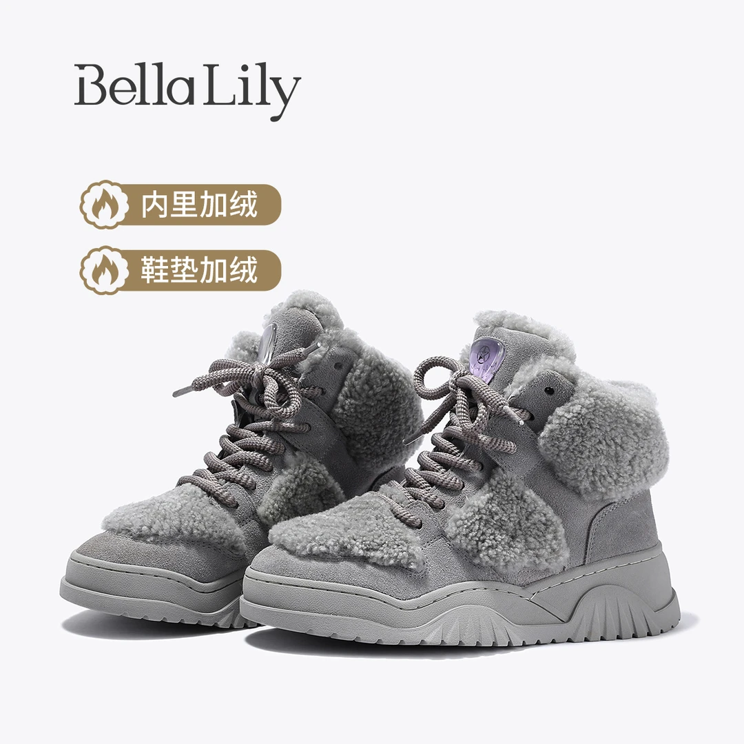 BellaLily2025冬季新款街头潮流雪地棉鞋加绒牛皮高帮鞋百搭板鞋