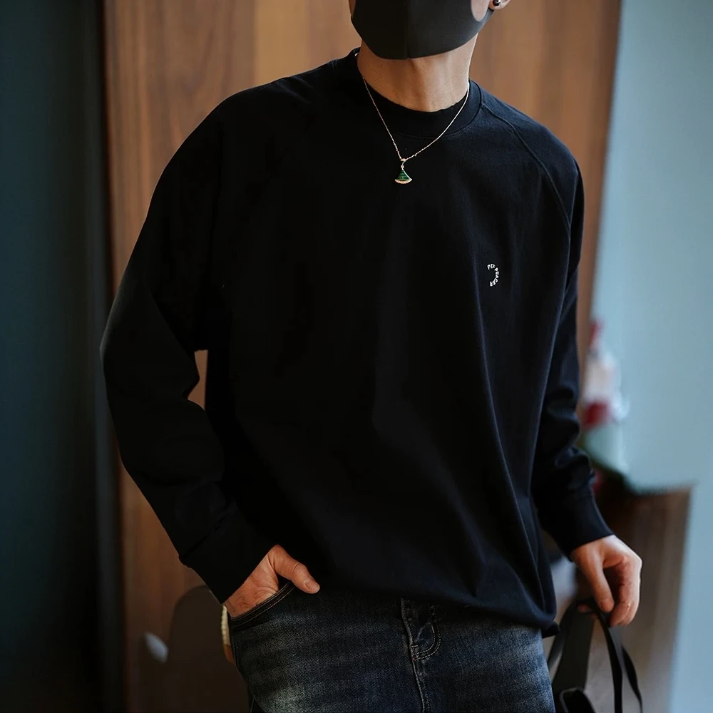 港风休闲字母刺绣简约纯色长袖T恤男春秋新款潮牌时尚百搭打底衫