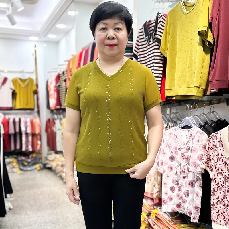 25年夏装新款洋气妈妈装短袖T恤打底衫中老年女装婆婆弹力V领上衣