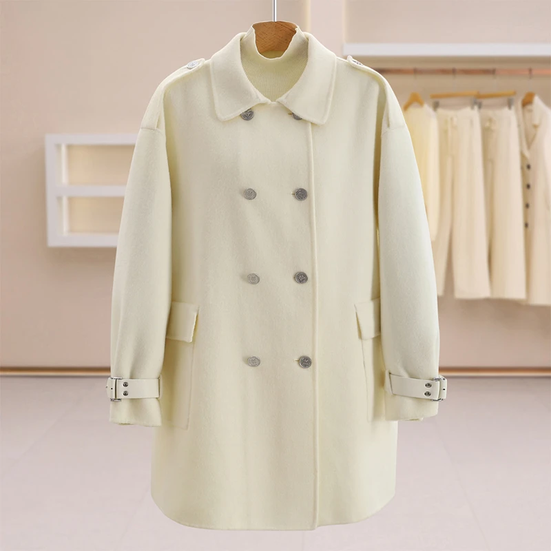 F5245-【力】韩版气质双排扣中长款双面呢大衣女#VOS58B015