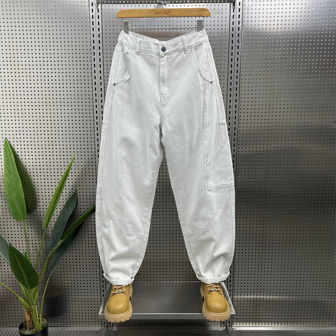 2025秋冬新款大码弯刀牛仔裤男宽松直筒阔腿裤痞帅纯色百搭长裤子