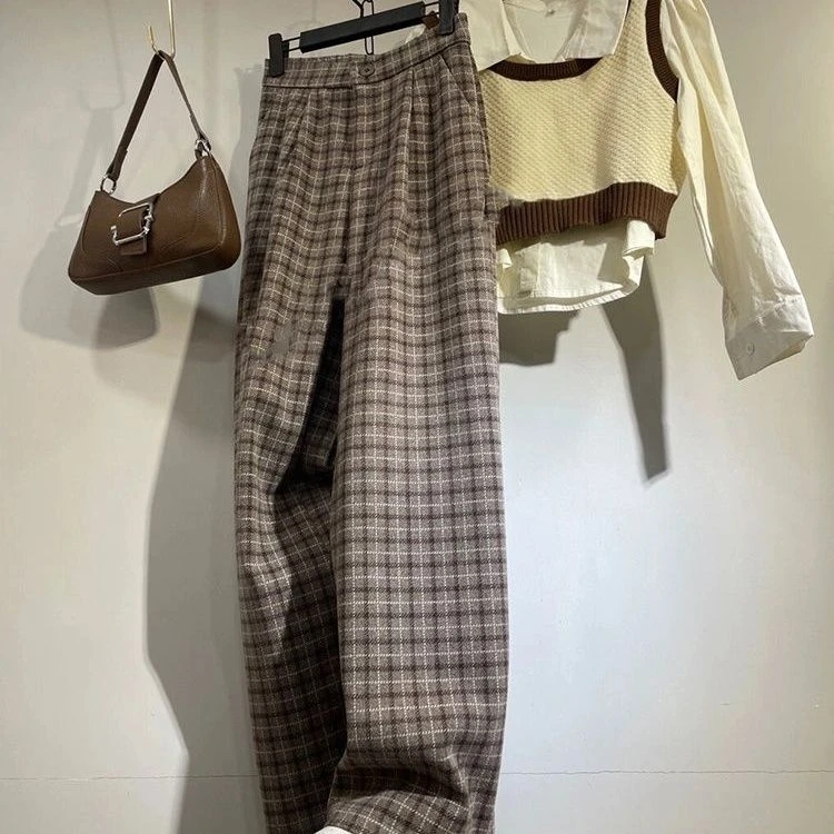 2025年高腰春秋新款宽松显瘦阔格子直筒通勤慵懒咖色格休闲长裤