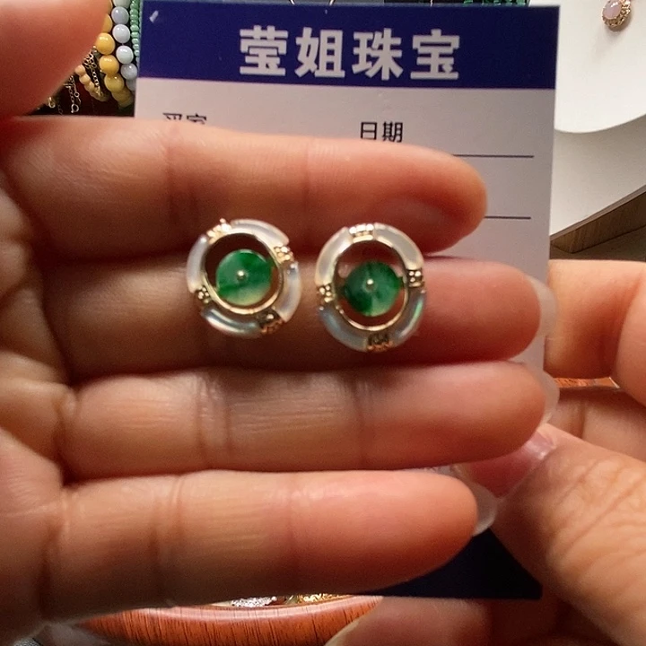 合金翡翠耳饰绿平安扣耳钉