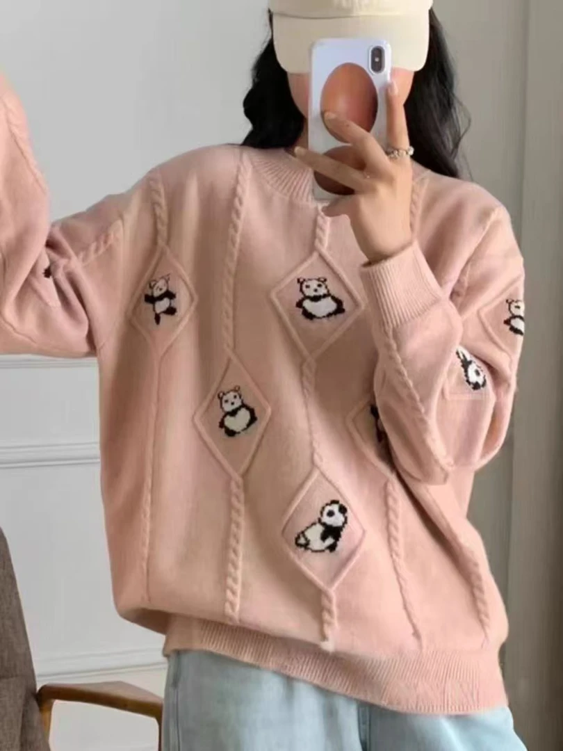 000秋冬新款t恤女宽松百搭显瘦羊毛衫针织体恤气质上衣熊猫羊毛衫