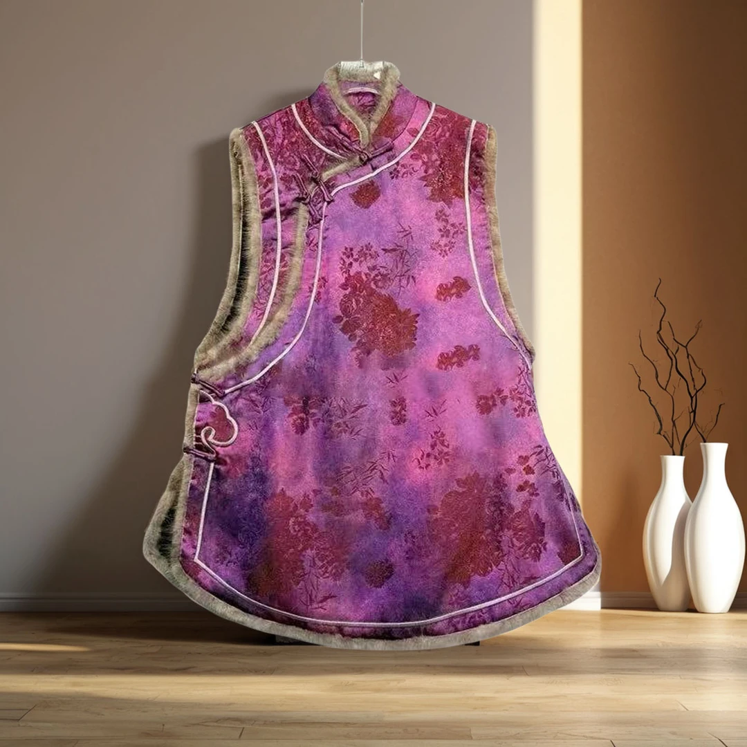 非遗新中式美学设计秋冬水貂毛中长款加棉马甲轻奢女士高端马夹17