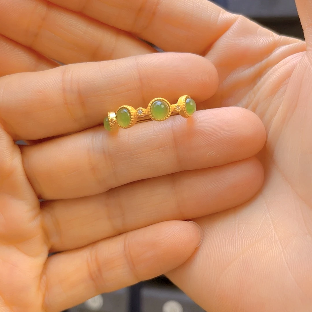 和田玉戒指银S925镀金镶嵌