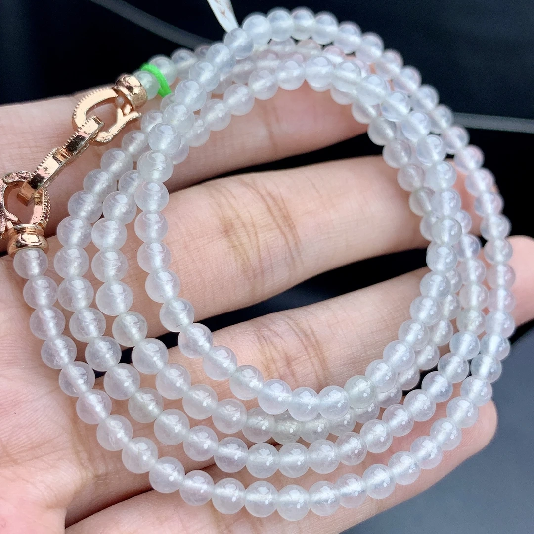 缅甸A货翡翠冰种透绳白冰小米珠圆珠项链珠链T/4.1mm/660mm