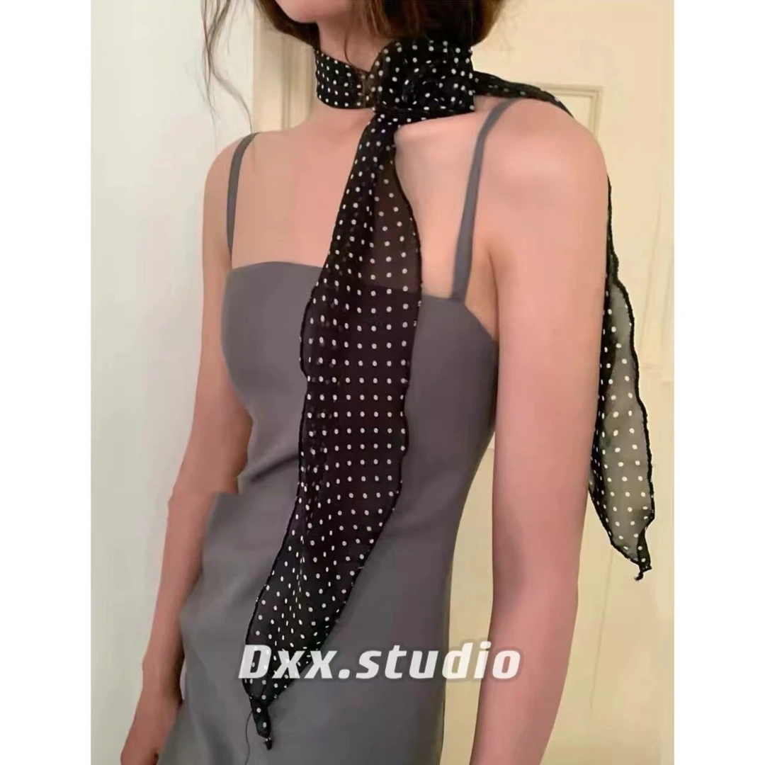 DXX小晰饰品-新品-丝巾37912气质时尚百搭夏季女士黑色波点丝巾