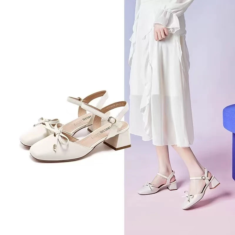 后空凉鞋女鞋2024夏季甜美风中跟粗跟方头蝴蝶结单鞋3415