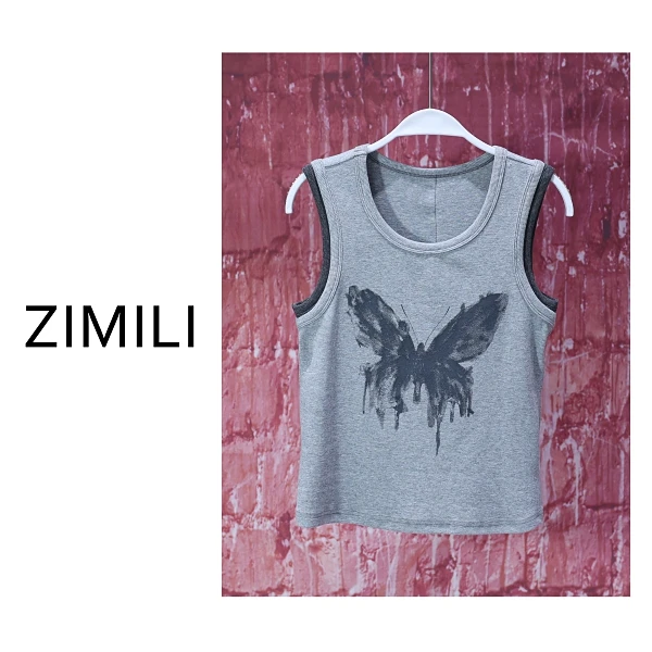 【亮哥女装】2025欧版小众设计师花灰色水印休闲高弹背心9295-B1