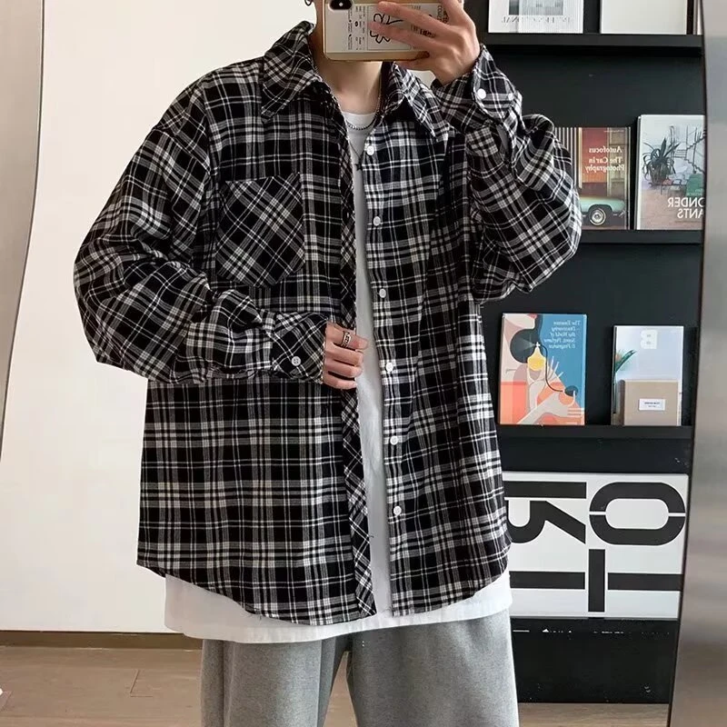 加肥加大春秋季长袖衬衫男士胖子肥佬宽松特大号格子衬衣薄款外套