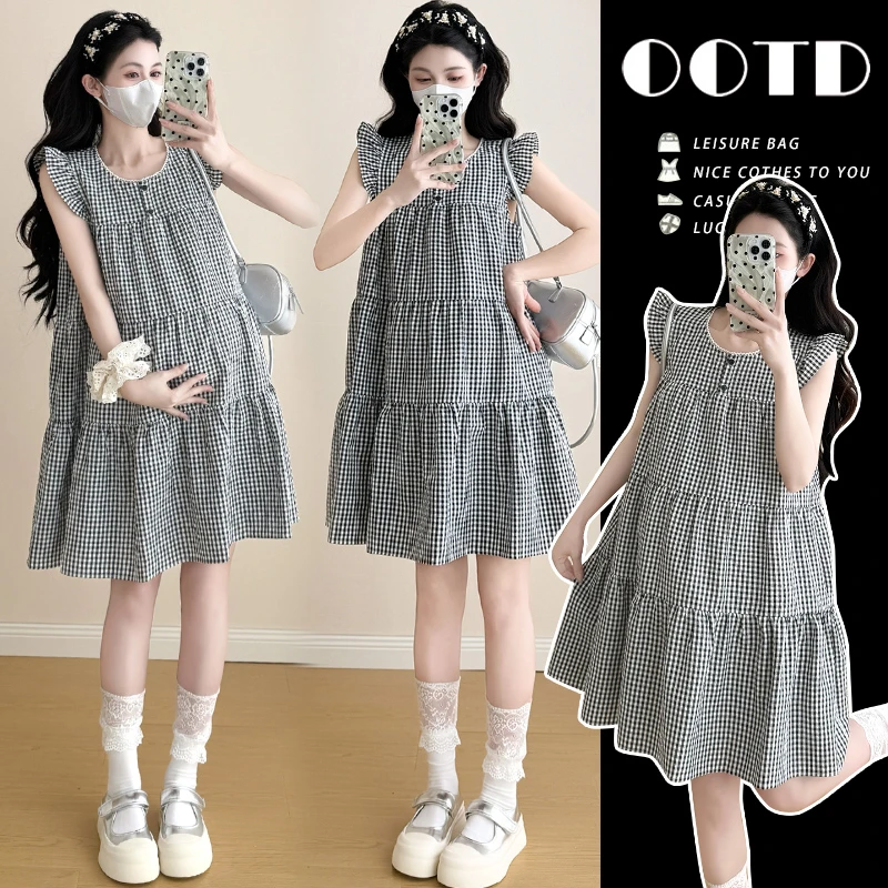 孕妇裙子夏季短裙小个子A字裙飞飞袖背心裙连衣裙中长款格子纯色