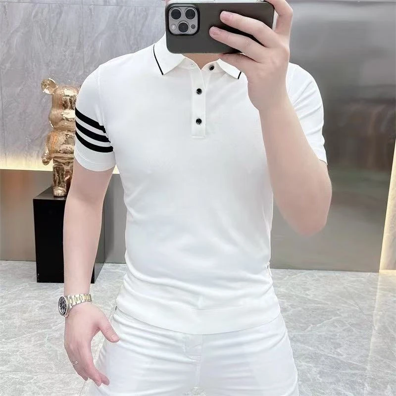 欧货轻奢短袖POLO男士针织冰丝半袖百搭夏季修身条纹元素翻领短袖