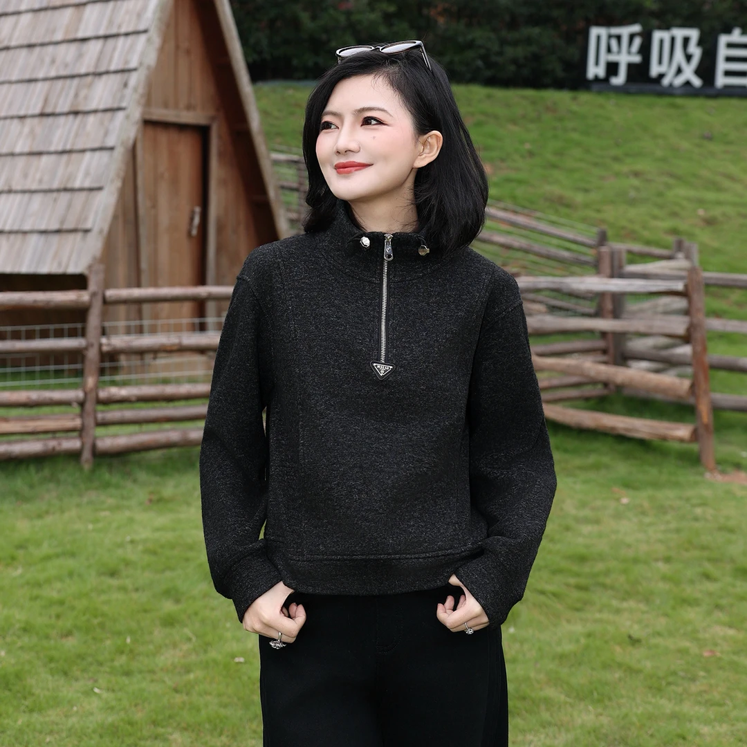 枫竺阿楠anan简约通勤半拉链立领加绒加厚卫衣女秋冬百搭保暖上衣