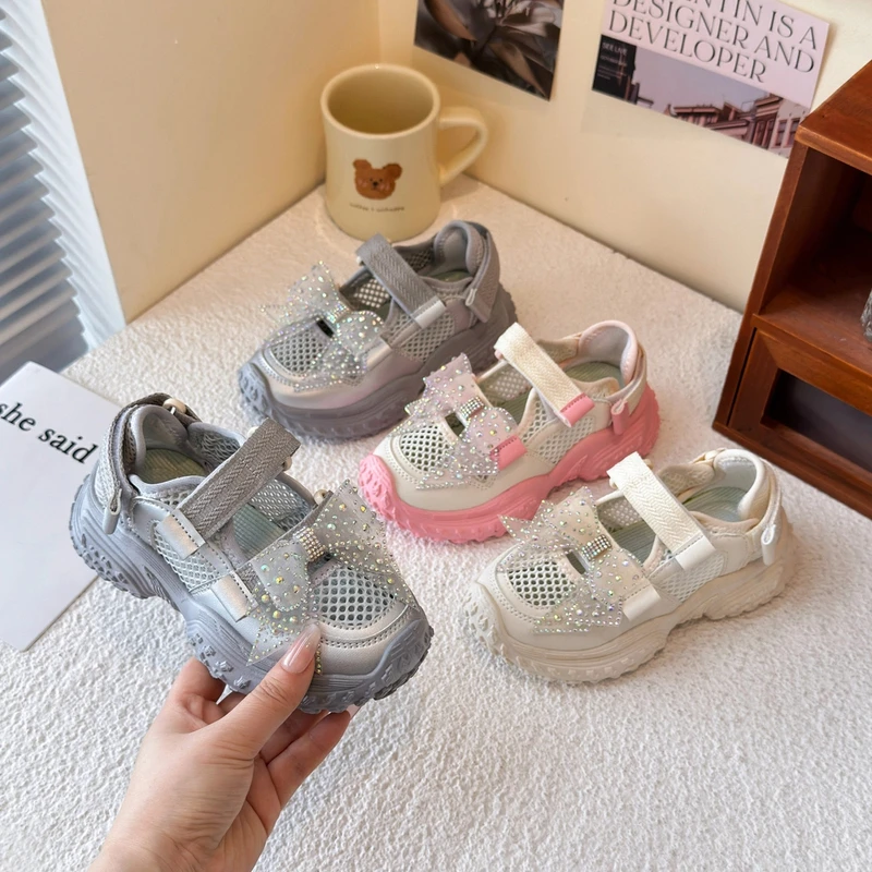女童镂空单网运动凉鞋2025夏季新款儿童百搭老爹鞋国风蝴蝶结网鞋