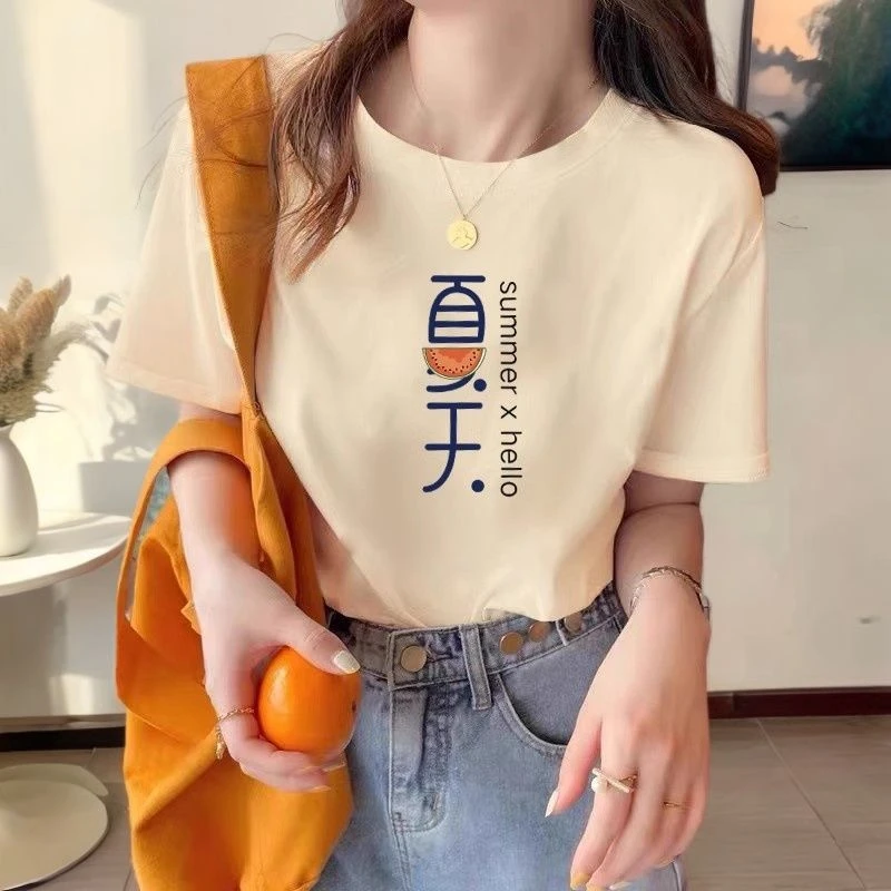 短袖t恤女2024杏色夏季新款显瘦韩版百搭印花上衣圆领ins体恤衫