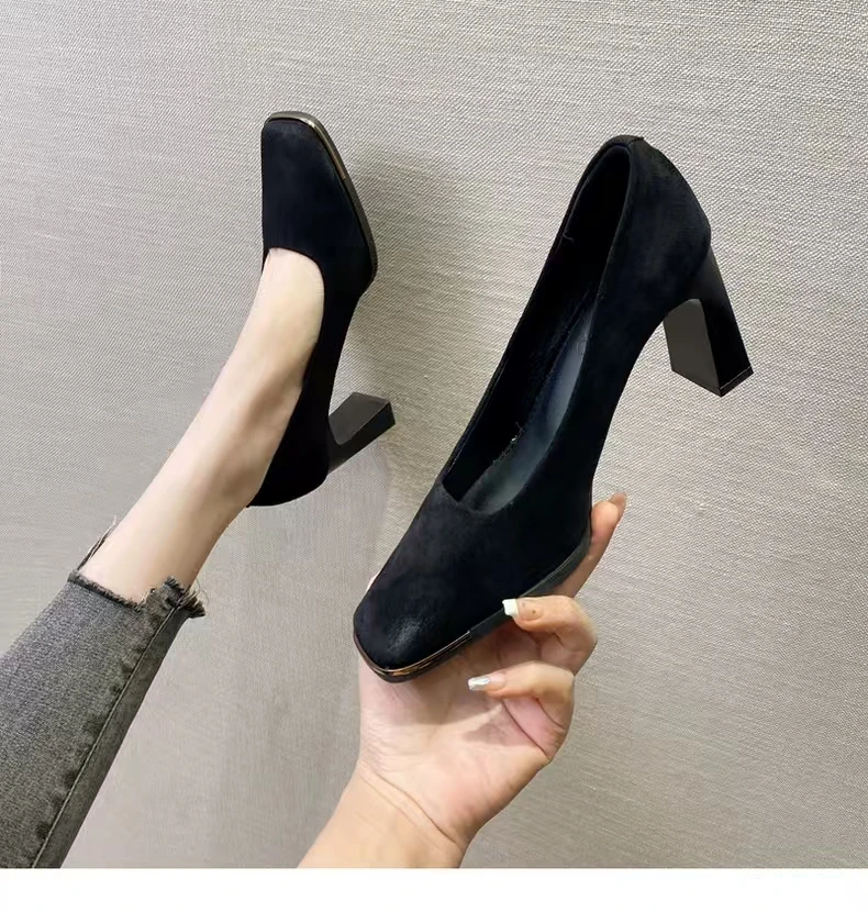 Z8166  新款法式浅口粗跟方头百搭单鞋