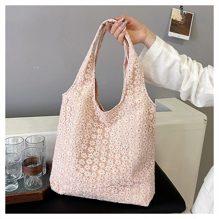 夏季蕾丝樱花帆布包女式2025新款潮韩系文艺托特大容量包淘园8302