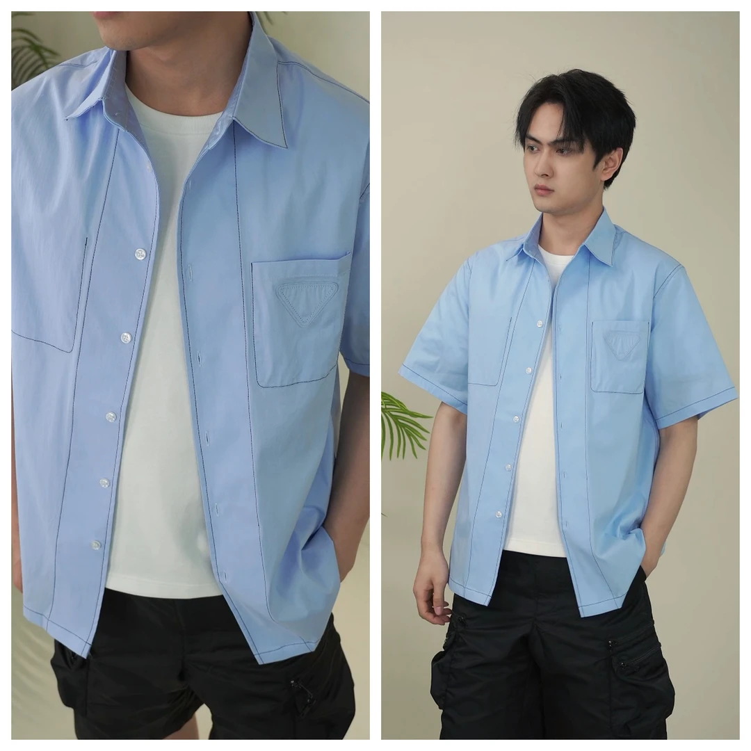 PRD缎面三角标短袖衬衫 缎面内里尽显富贵 黑线装饰RAF设计走秀款