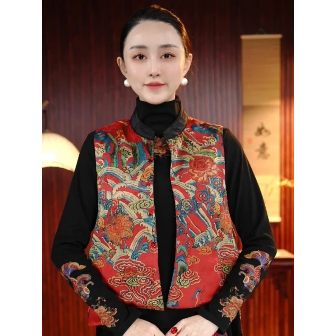 新中式复古国风民族风双面穿刺绣马甲气质妈妈坎肩外套马甲国风