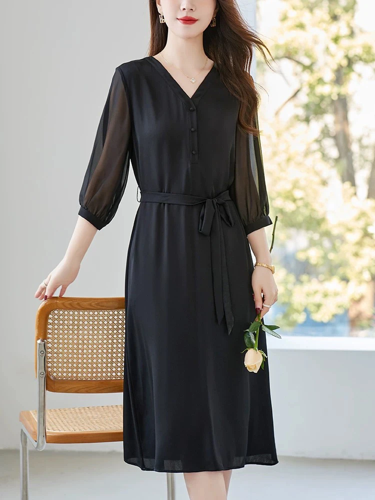 【小老弟专属】雅典黑 纯色 时尚休闲法式收腰女装系带气质连衣裙