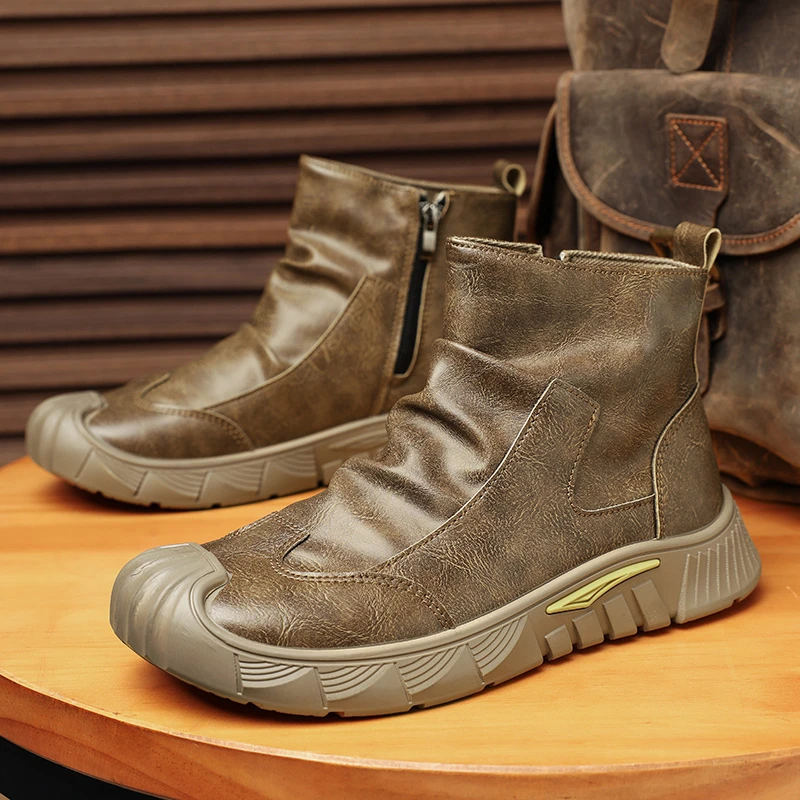 新款男鞋2024春秋季拉链马丁靴复古亮面潮流休闲百搭高帮潮鞋RS55