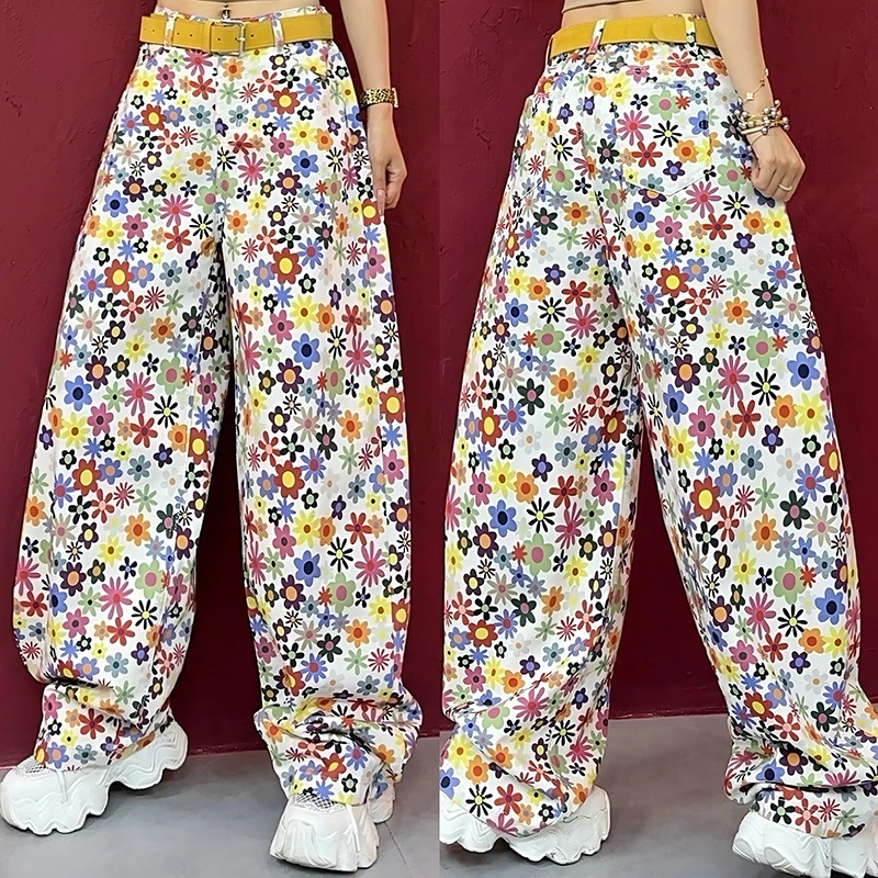 夏季时尚提花阔腿牛仔裤女2025新款大码直筒拖地花裤子长裤-7020