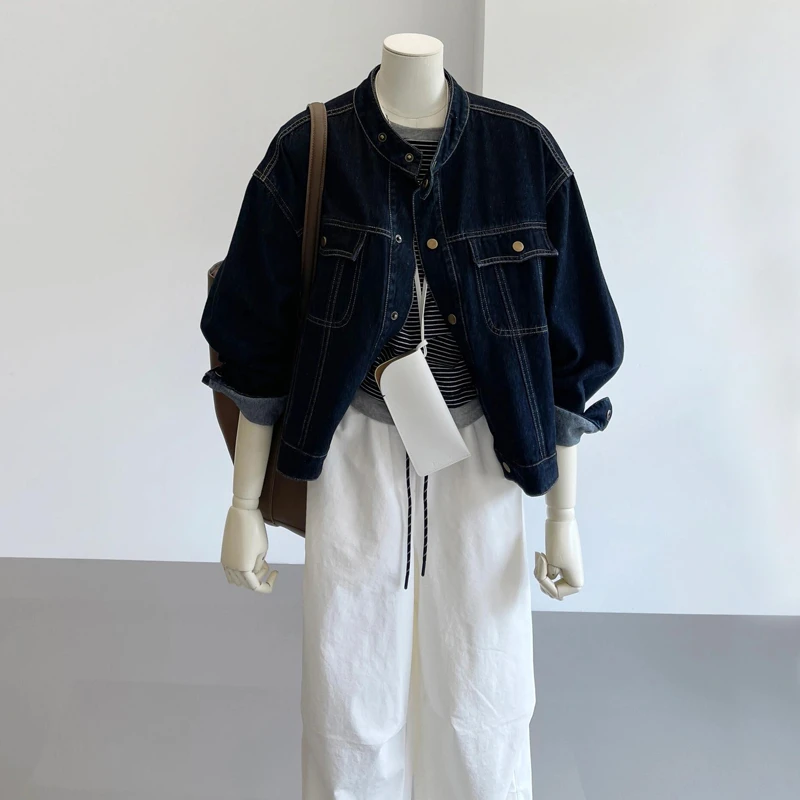 港风复古深蓝色牛仔外套女春秋2025新款韩版休闲宽松长袖夹克上衣