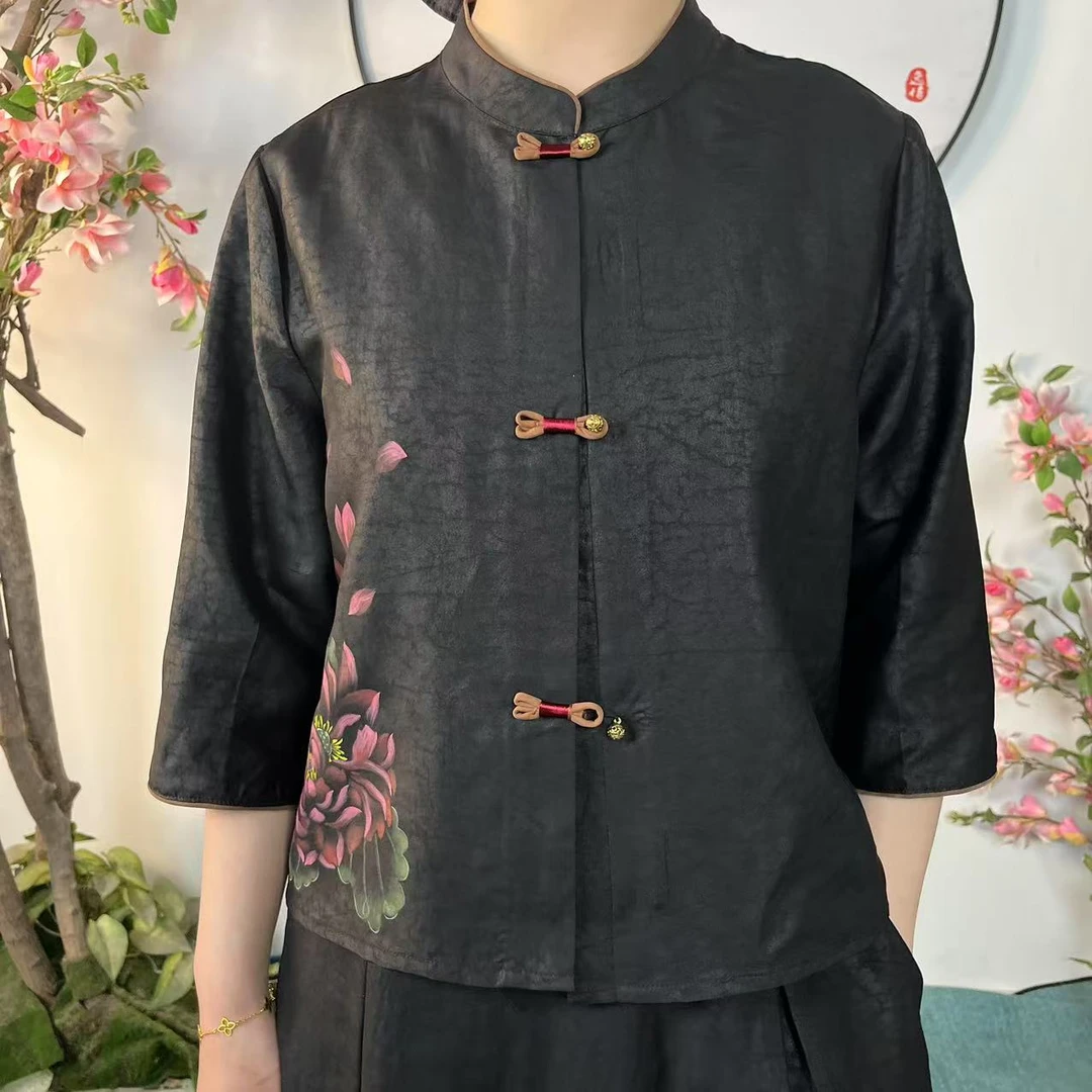 香港新中式复古盘扣香云纱撞色手绘2539上衣