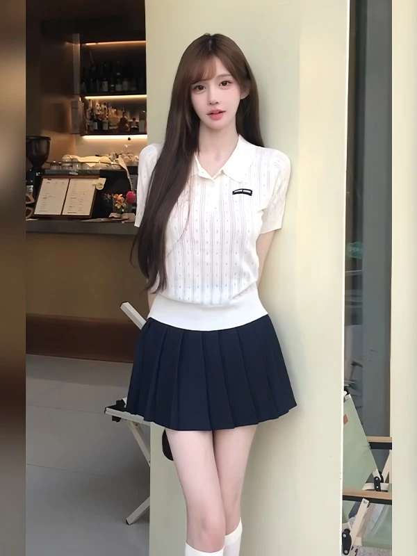 韩系白色刺绣短袖针织衫女夏季小个子气质显瘦百褶半身裙两件套装