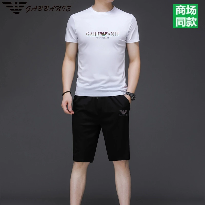 专柜正品高档圆领运动套装男短裤潮流时尚休闲印花薄款夏季两件套