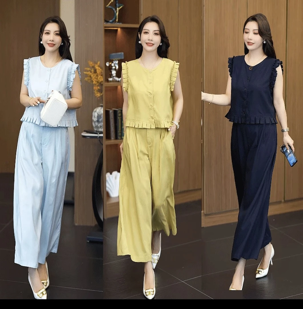 2025夏季新款木耳边无袖上衣阔腿裤两件套时尚洋气显瘦套装