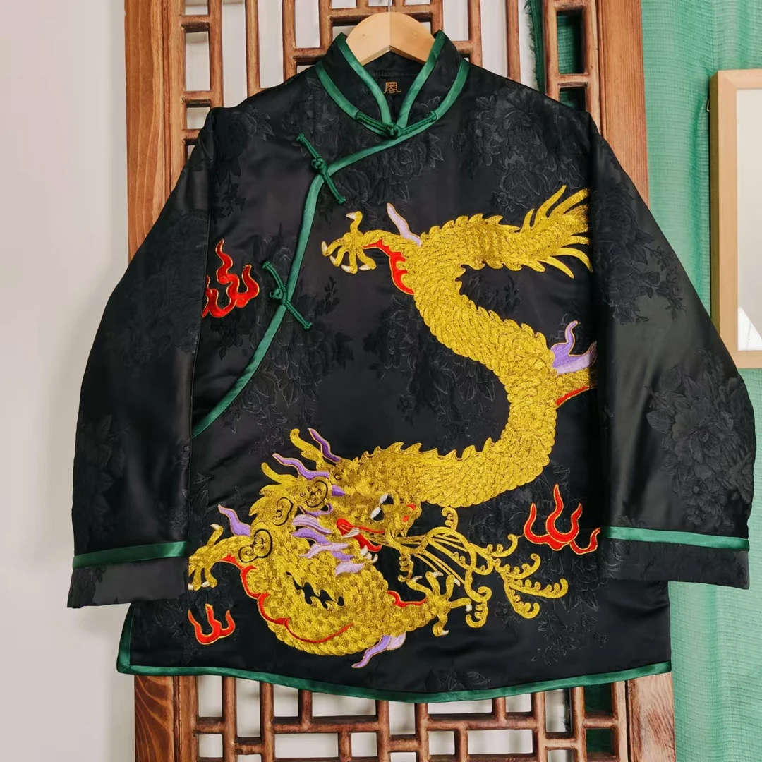 凤徕兮私人定制黑底盘金龙刺绣斜襟盘扣小立领风衣（LS452）单