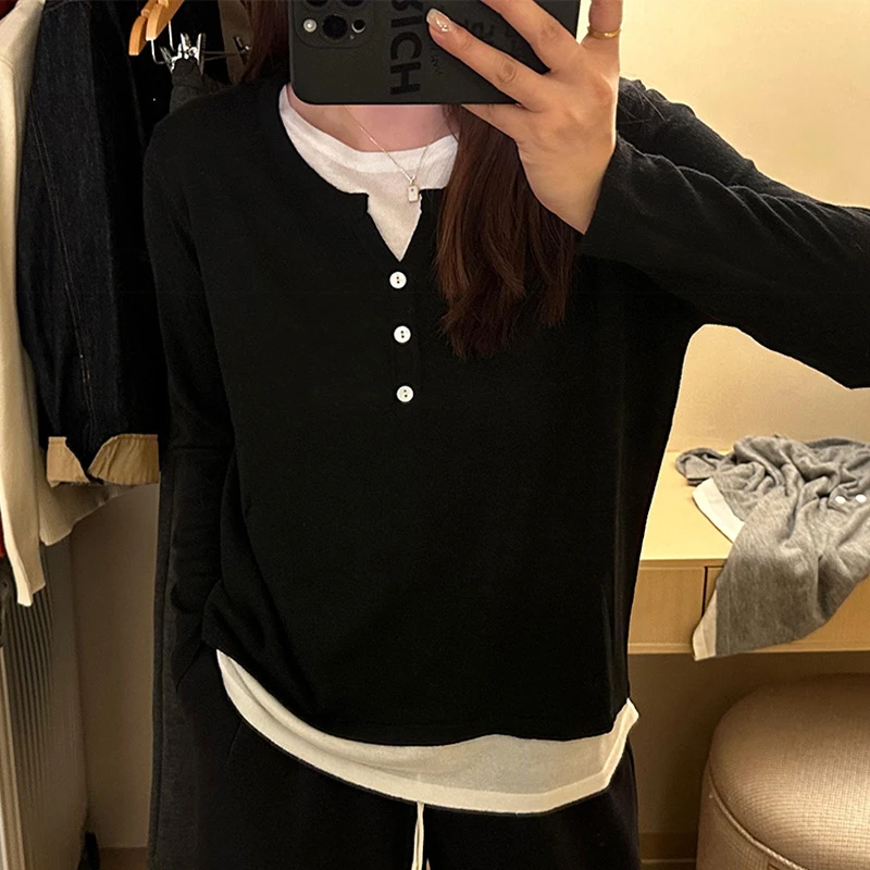 设计感韩版小排扣纯色显瘦上衣春秋新款宽松百搭假两件内搭针织衫