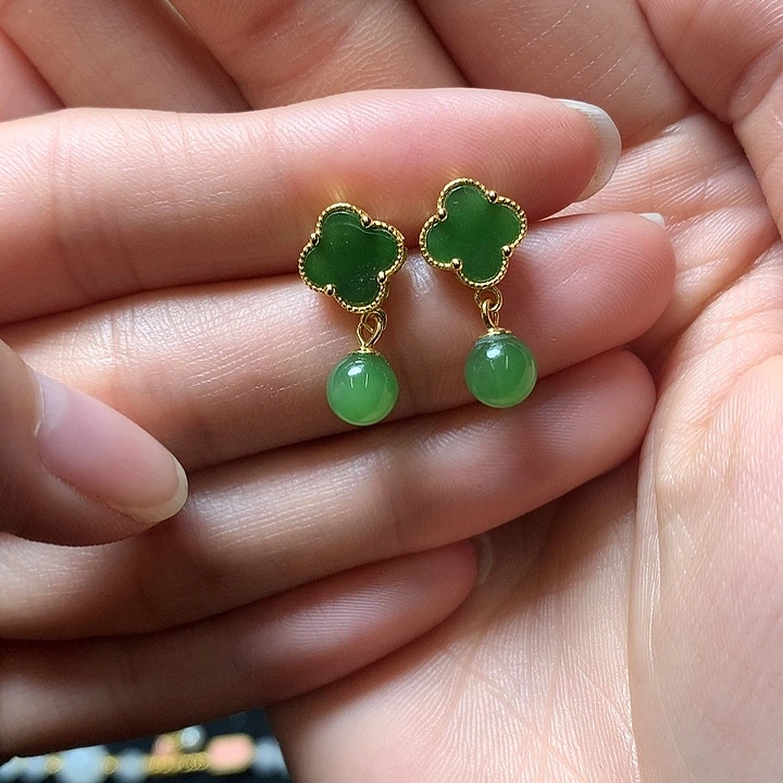 和田玉耳饰银S925镶嵌新****