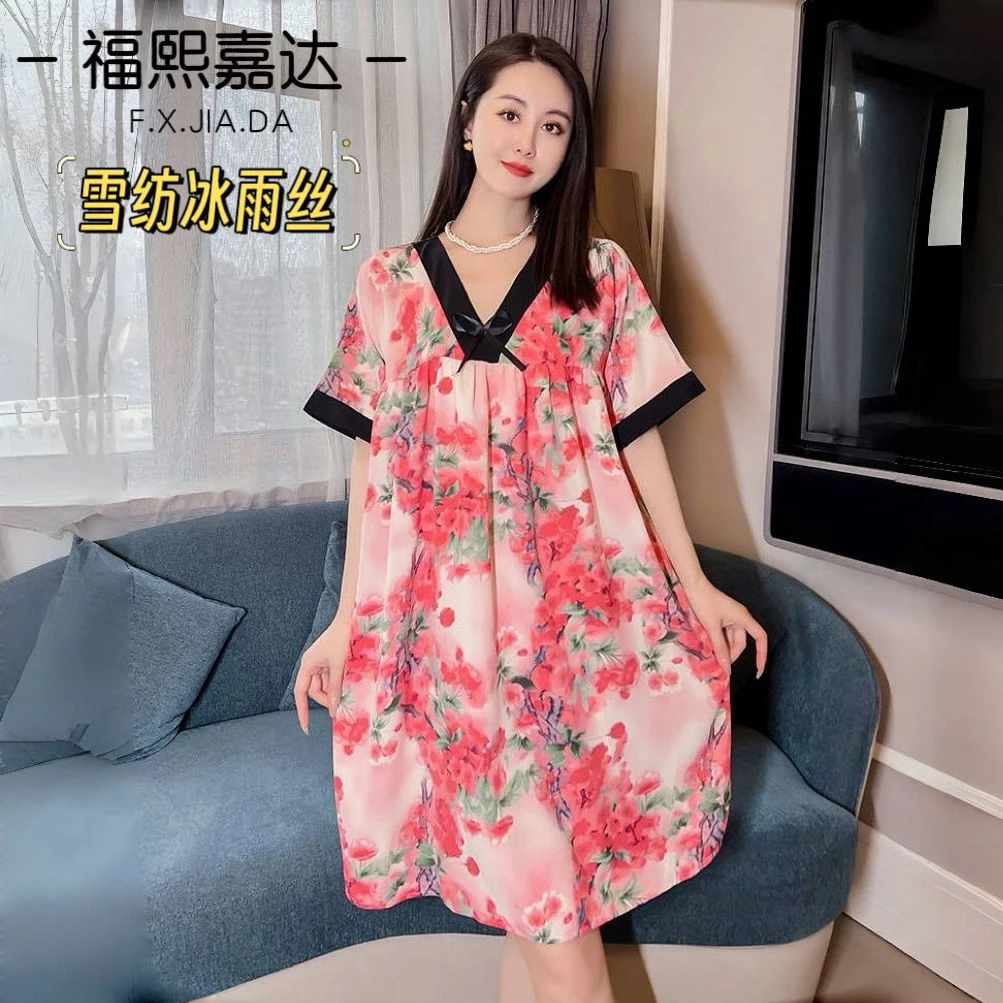 福熙嘉达新款睡衣宽松大码冰丝睡裙女夏天薄款V领短袖可外穿女裙